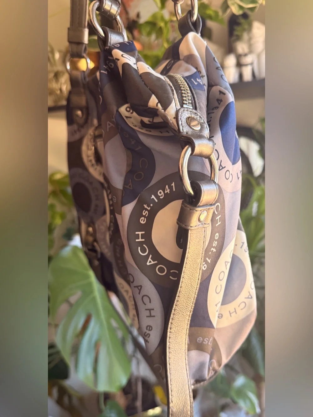 Coach F17582 - Navy and Gray Signature Ring-Print Shoulder Bag